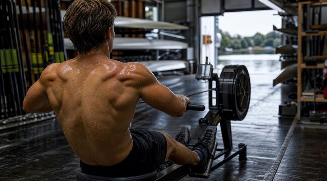 Muscular male rower training on a rowing machine in a boathouse.