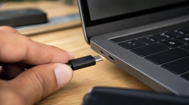Person plugging a USB Type C cable into a modern laptop computer.