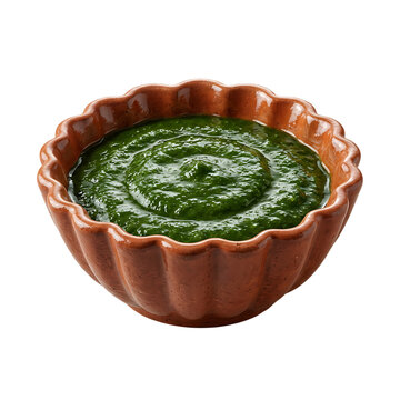 Fresh green herb chutney in a rustic clay bowl isolated on transparent background for culinary design