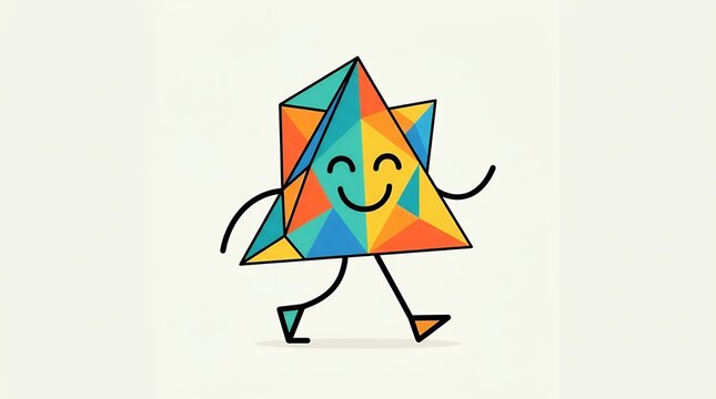 Happy geometric triangular mascot walking forward with simple line limbs and a smiling face creative abstract character design featuring clean shapes on a plain background triangle character mascot