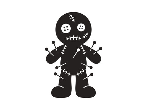 Stitched cloth doll silhouette with needles and button eyes