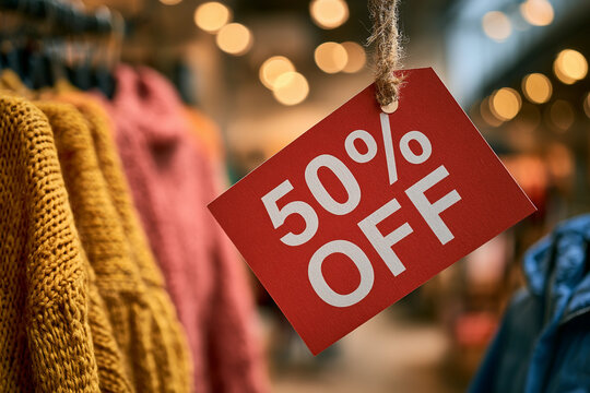 A red price tag with a 50 percent discount on the bokeh background of clothing store. Clothing sale, shopping concept. Close-up object shot for poster, commercial 