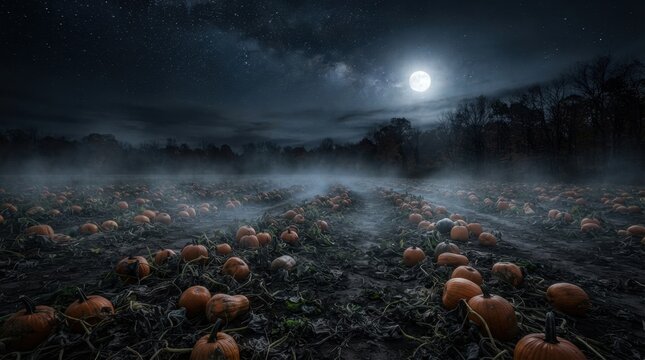 Moonlit Sky Over Misty Spooky Pumpkin Field