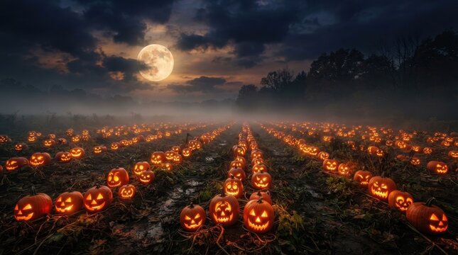 Full Moon Sky Over Rows of Jack Lanterns