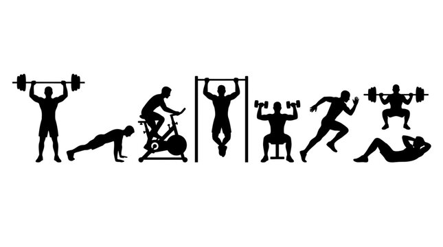Fitness workout silhouettes with various gym exercises and training poses