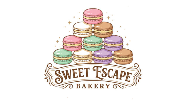 Colorful stacked french macaron bakery logo vector with sweet escape banner ribbon and pastel dessert food elements