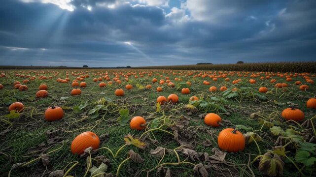Vast pumpkin patch under dramatic stormy sky