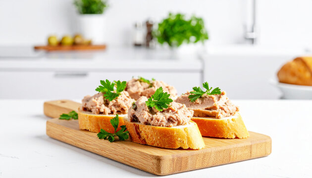 Sliced baguette sandwich with liver pate topping on a wooden board in a clean kitchen. Ai