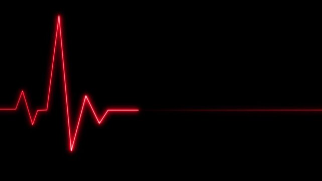 A vivid neon red electrocardiogram line traces a heartbeat pattern against a deep black backdrop, illustrating a dynamic pulse. Clear details and vibrant colors enhance visual appeal.