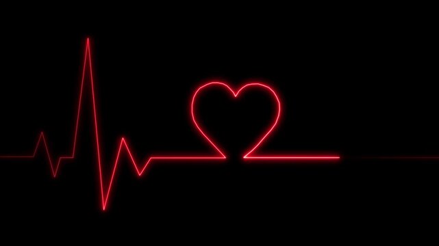 A vivid neon red electrocardiogram line traces a heartbeat pattern against a deep black backdrop, illustrating a dynamic pulse. Clear details and vibrant colors enhance visual appeal.