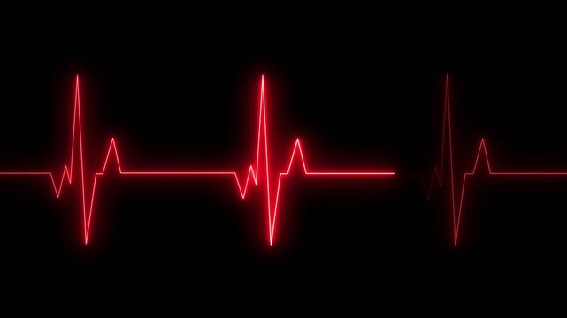 A vivid neon red electrocardiogram line traces a heartbeat pattern against a deep black backdrop, illustrating a dynamic pulse. Clear details and vibrant colors enhance visual appeal.