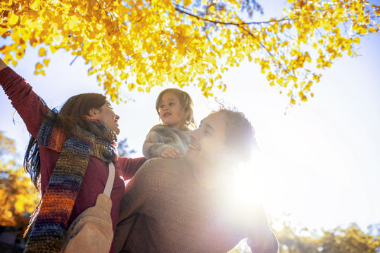  Sunlit family portrait with lens flare in autumn