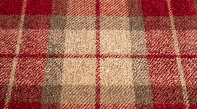 Classic Scottish Inspired Woolen Textile Background Featuring Warm Crimson and Sandy Checkered Geometric Lines plaid tartan pattern orange red beige check design fabric texture textile material grid