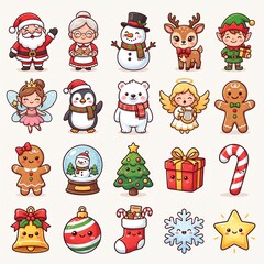 Fototapeta premium Flat lay Christmas holiday icons set with festive characters and winter elements vector illustration
