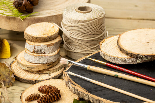 Rustic Fall Crafting Supplies with Wood Slices, Paint Brushes, Rope and Pinecones