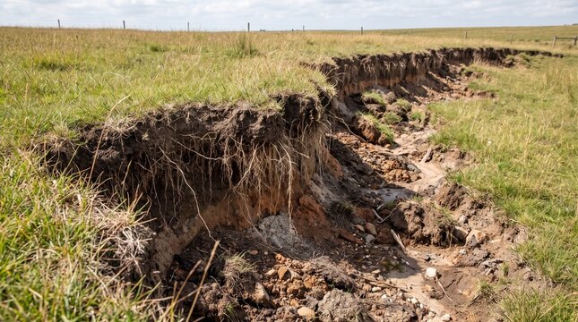Close-up view of soil erosion affecting plant roots and vegetation in agricultural land
