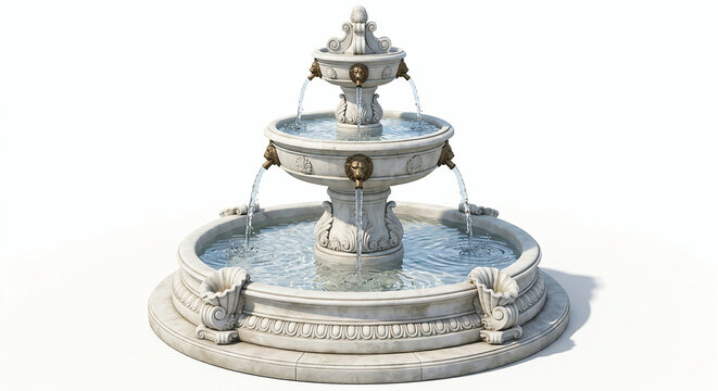 Classic white stone fountain with water tiers on white background