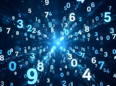 Dynamic futuristic digital matrix of glowing blue numbers floating in cosmic data streams with vibrant light trails