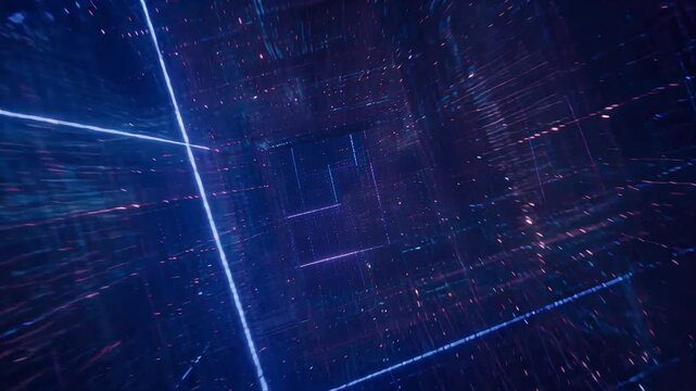 Abstract digital cyberspace flythrough with glowing neon lines