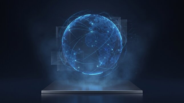 Futuristic Blue Global Network with Connected Light Points and Flowing Lines, Digital World Technology, Business Data Visualization and Premium 3D Aesthetic