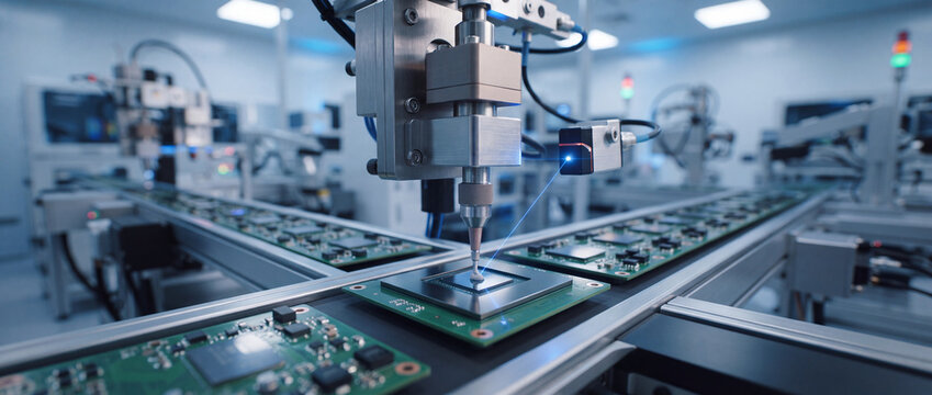 Robotic arm dispensing paste on a microchip during automated PCB assembly on a conveyor belt in a cleanroom factory, ideal for semiconductor manufacturing and technology concepts