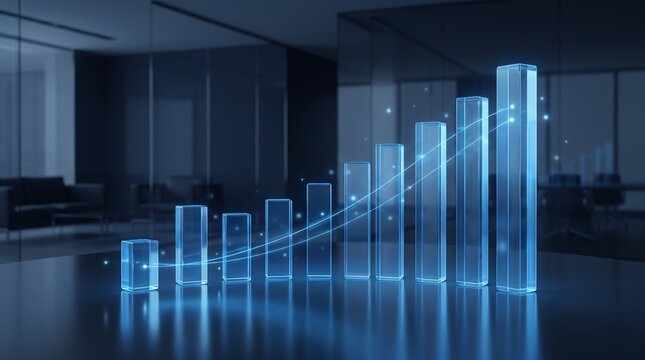 Premium Financial Growth Visualization with Glowing Blue Increasing Bars, Connected Graph Lines, Digital Data, Corporate Business Technology and Modern Finance Aesthetic