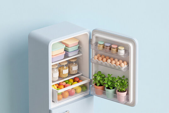 Pastel fridge organization with eggs jars and herbs