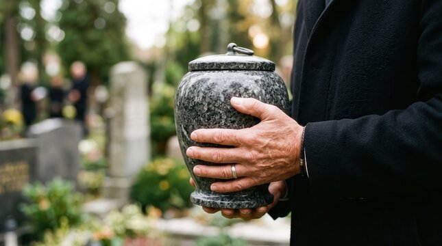 Close-up of hands holding a stone cremation urn with an inscription during a solemn memorial and funeral ceremony.