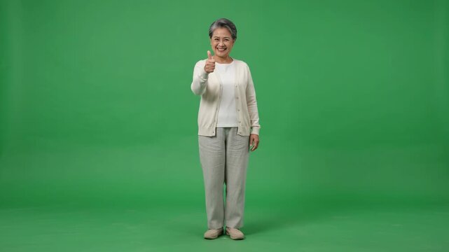 Happy senior Asian woman giving thumbs up gesture on green screen background, full body shot.