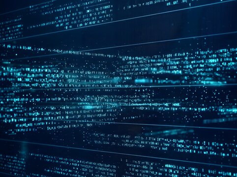 Futuristic Digital Data Stream Matrix with Glowing Blue-Green Code Lines and Complex Algorithmic Patterns