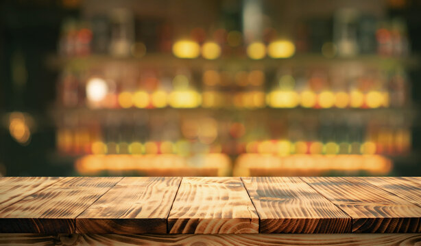 Selective focus of rustic wooden bar countertop with a light bokeh background of blurred bottles and shelves.