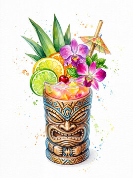 Tiki mug cocktail with tropical flowers, pineapple leaves, citrus slices and umbrella, colorful watercolor illustration evoking festive summer mood
