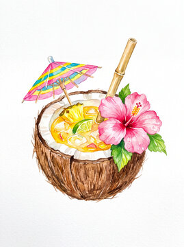 Tropical coconut cocktail with umbrella, lime and hibiscus flower, refreshing summer drink in hollowed coconut