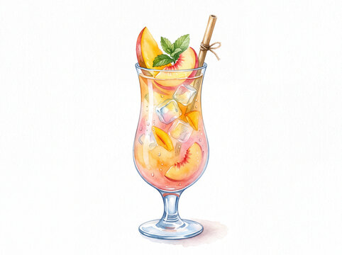 Peach cocktail with ice and mint garnish in glass, refreshing summer drink with straw and fruit slices