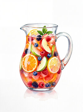 Refreshingly colorful fruit punch pitcher with citrus, apple, berries and mint creating vibrant summer beverage delight