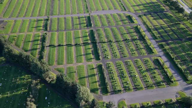 Aerial view of Gufunes Cemetery with rows of tombstones and green grass plots in Reykjavik, Reykjavikurborg, Iceland.