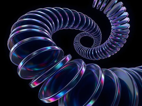 Mesmerizing Futuristic Spiral Holographic Discs Floating in Iridescent 3D Space Against Deep Cosmic Black Background