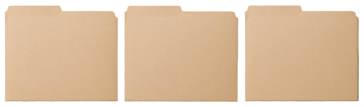 Three brown manila file folders isolated on transparent background