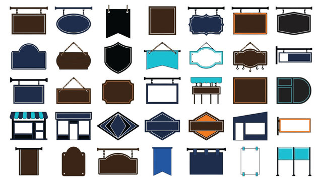 Assorted hanging signs and shop fronts in flat vector style with ample copy space