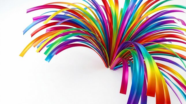Abstract explosion of vibrant rainbow colored ribbons on white background