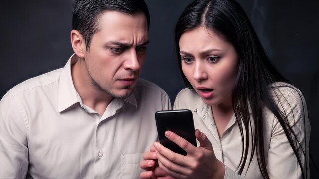 Shocked couple staring at smartphone screen with wide eyes and open mouths. Man and woman reacting to surprising news on mobile device. Panning and tilting camera movement.
