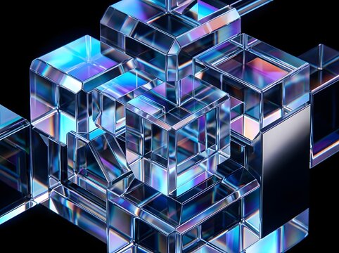 Stunning 3D Abstract Glass Prismatic Structure with Iridescent Light Reflections Against Deep Space Black Background