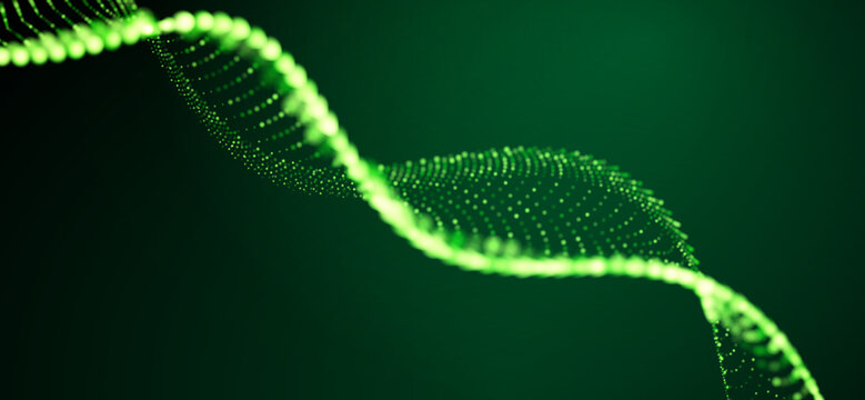 Artificial Intelligence DNA particle waves future connect innovation vector design. Big data biology dna molecule background. Technology ai green particles dots banner.