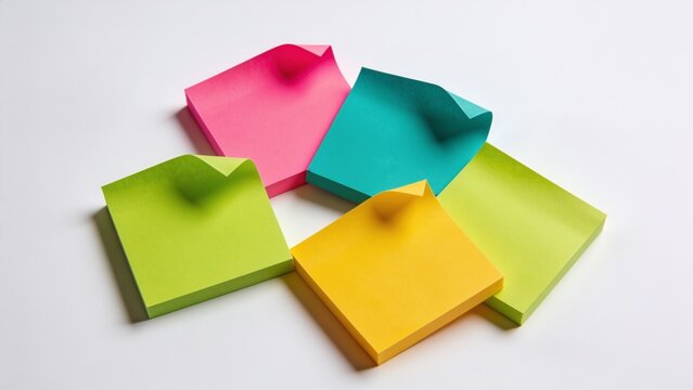 a minimalist and colorful layout of four square sticky notes arranged in a loose cluster against a plain white background. Each sticky note is distinct in color: one is bright pink, another is vibrant