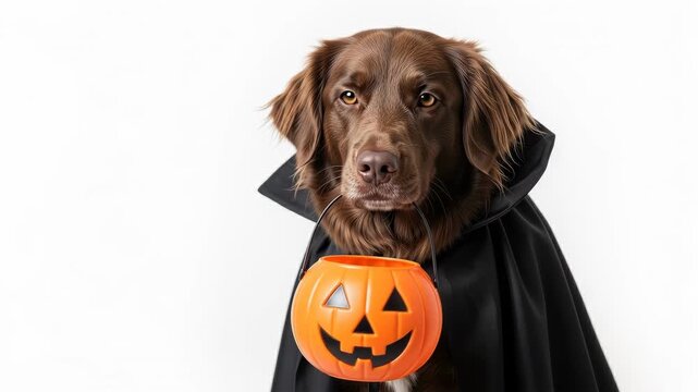 Cute brown dog wearing a vampire cape isolated on white background