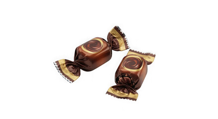 Naklejka premium Two gold-wrapped chocolate coins with foil detailing. Luxury festive candy isolated on transparent background for promotions.