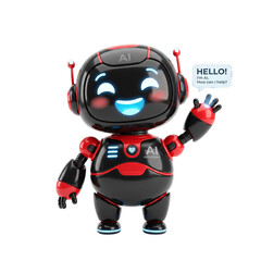 Naklejka premium Black and Red AI Robot with Hello Speech Bubble