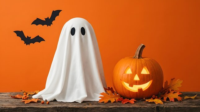 Classic halloween scene with ghost pumpkin and flying bats on orange background