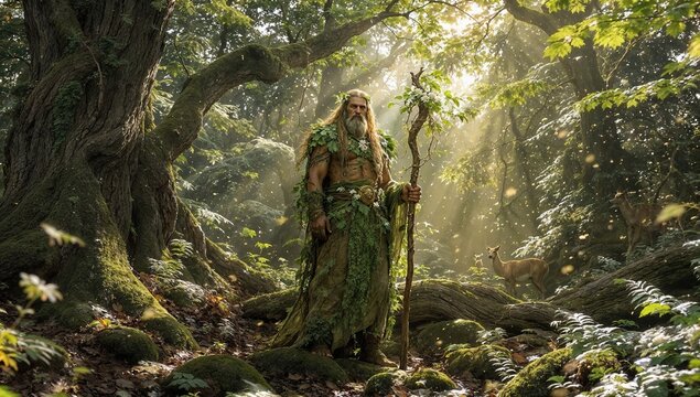 A mythical male nature protector or elven druid in a clothing made of organic materials, leaves and vines, holding a wooden staff in a sun-lit dense enchanted forest, surrounded by wildlife, 