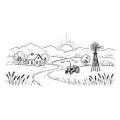 Obraz premium Detailed ink of a peaceful farm landscape featuring a tractor, a small farmhouse, a windmill, and mountains under a bright rising sun